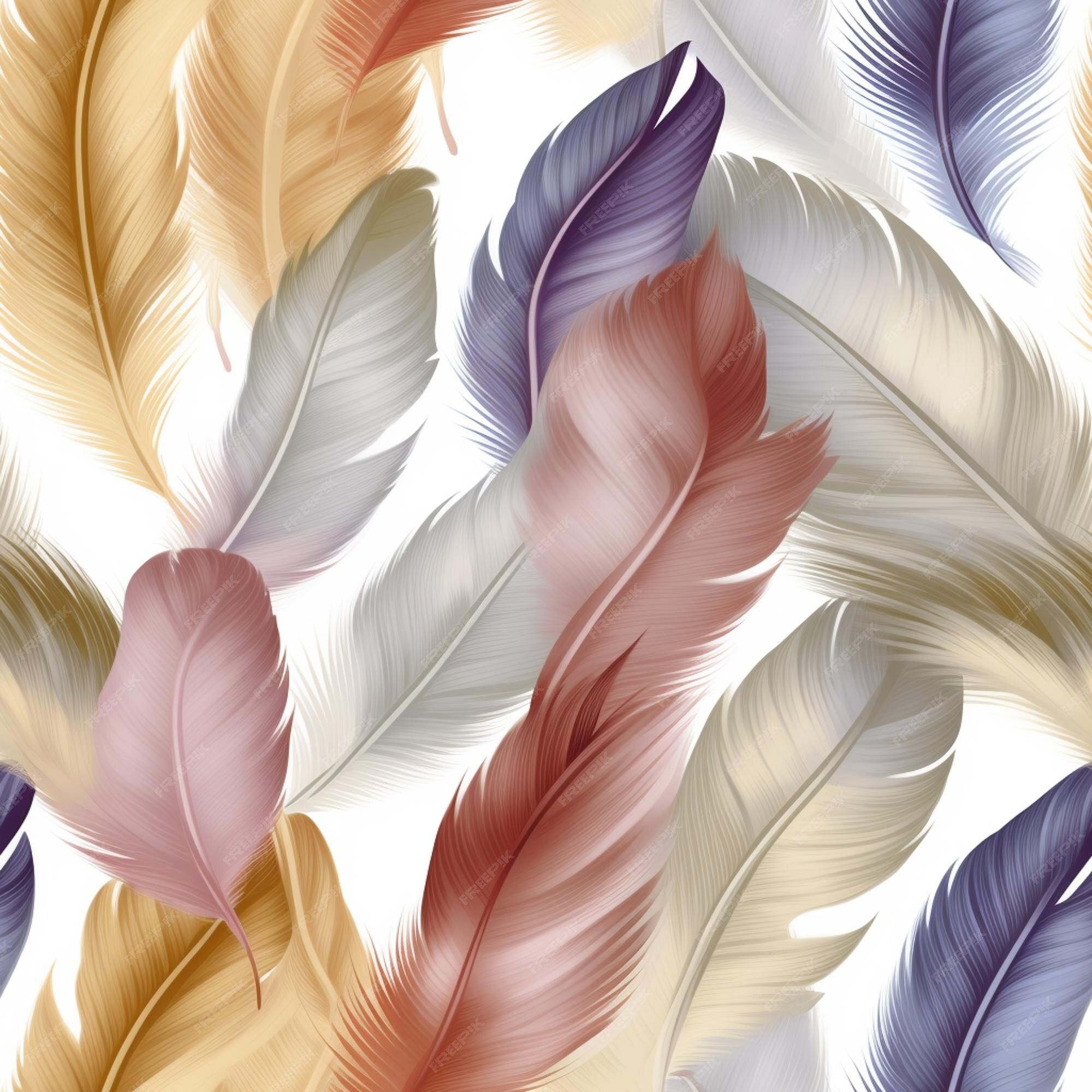 A seamless pattern of colorful feathers on a white background. - Feathers