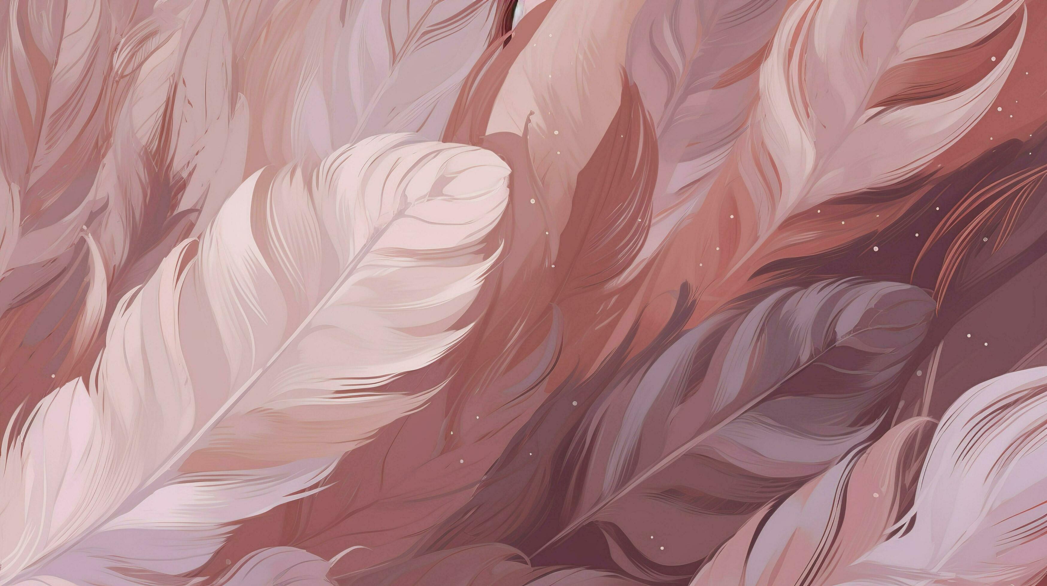 Colored feathers in pink on the background, in the style of subtle shading, anime aesthetic, wallpaper, pigeoncore, free brushwork, translucent color. - Feathers