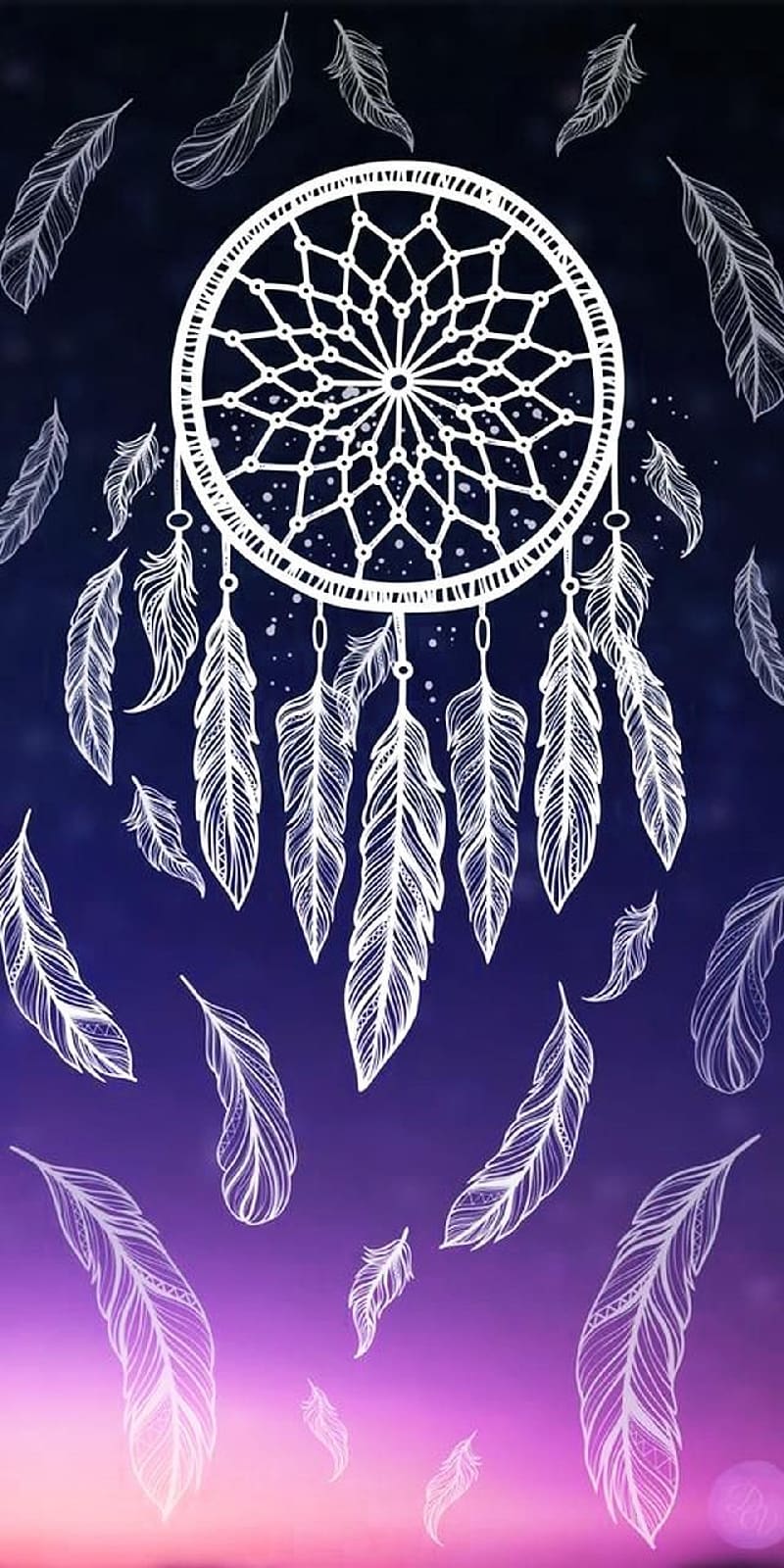 Wallpaper phone, purple and blue background, white drawing of a dream catcher, feathers - Feathers
