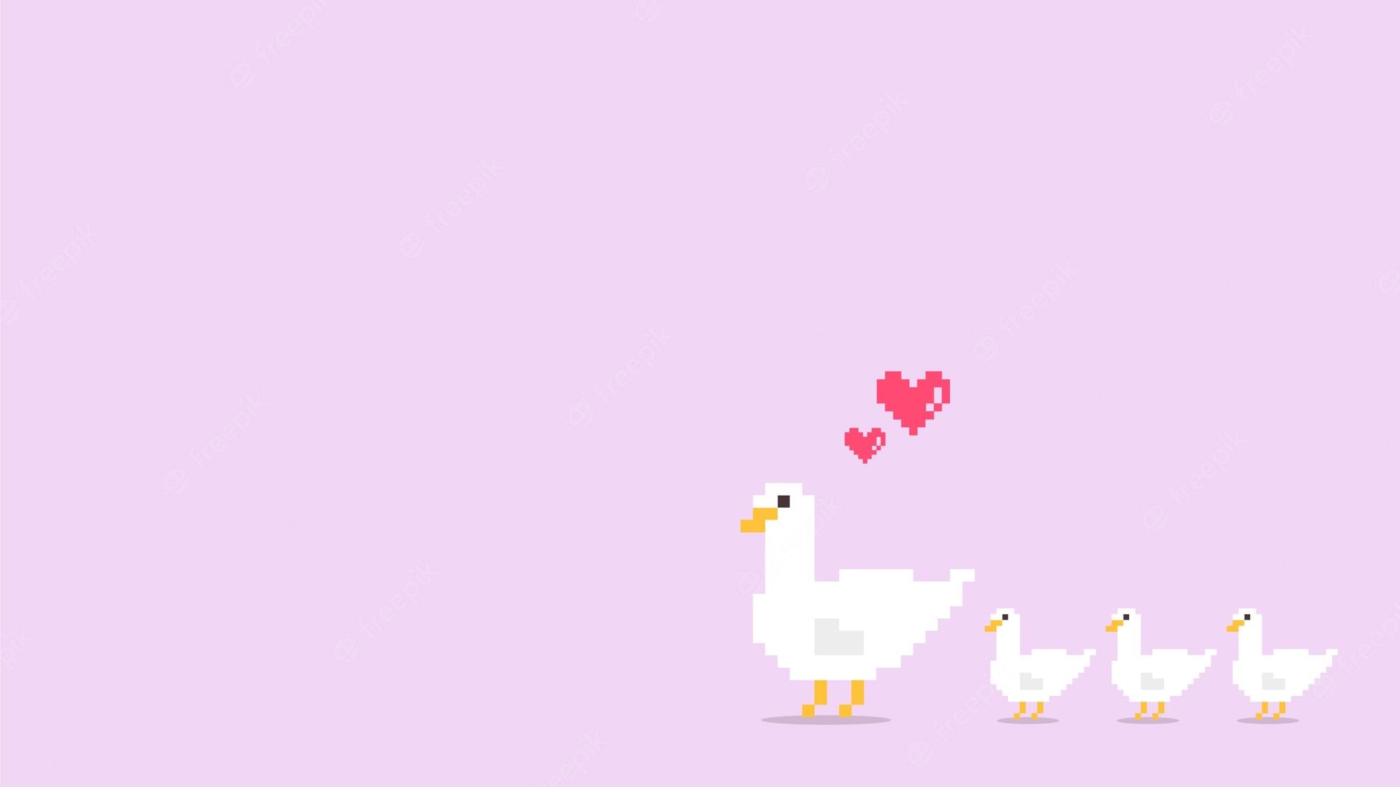 A pixel art of two ducks and their babies - Desktop, pink, cute, kawaii
