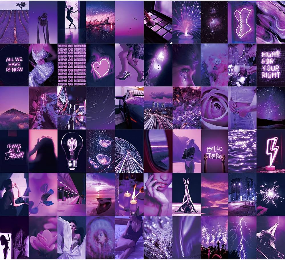 Wall Collage Kit 60 Pics by Aesthetic Atmosphere for Wall Aesthetic, 4x6 inch Neon Purple Picture for Room Decor, Boujee Bedroom Decoration Photo for Teen Girls, Cute VSCO Trendy Dorm Posters
