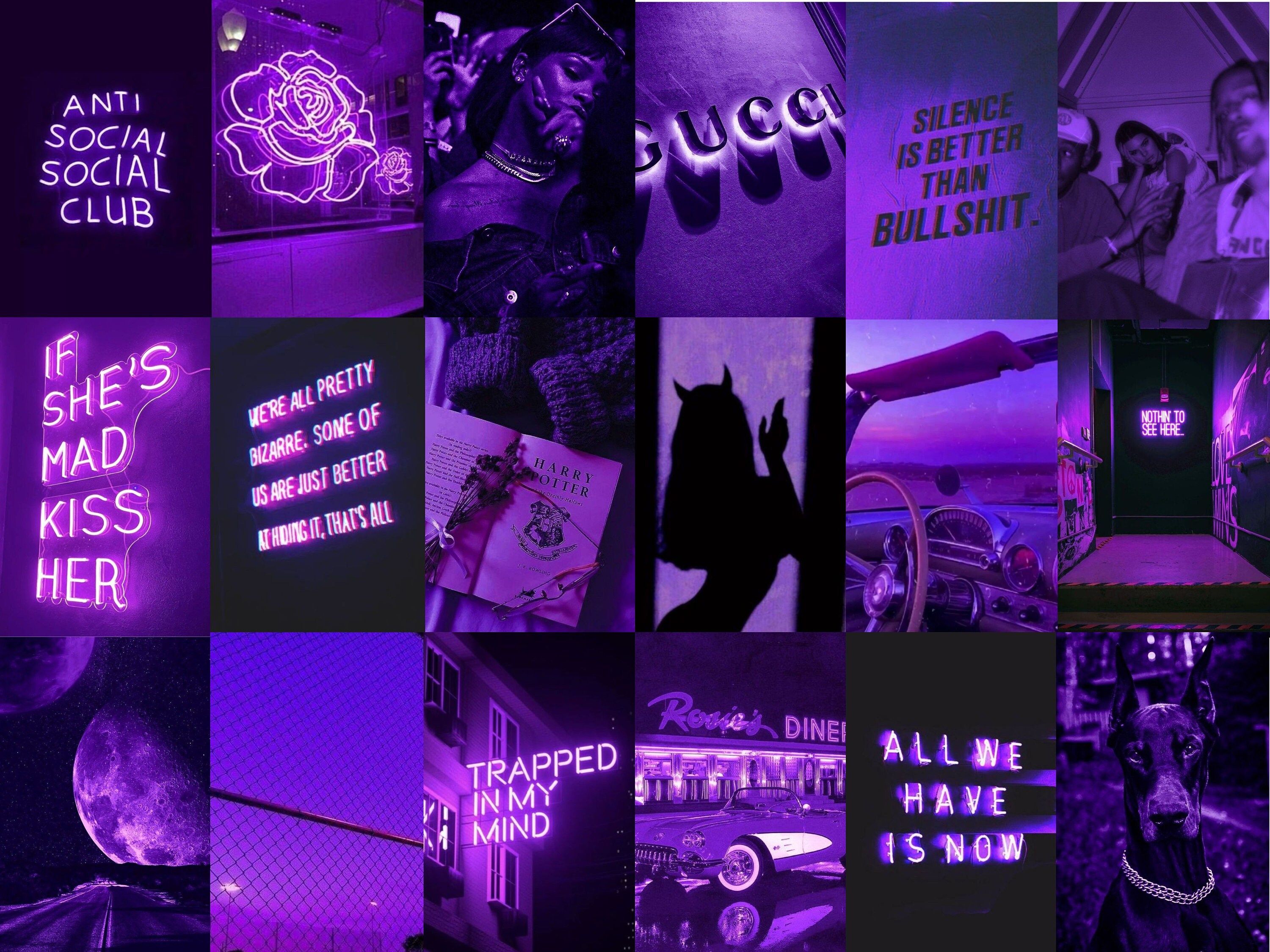 Neon Purple Wall Collage Kit Purple Aesthetic Collage - Anti Social Social Club, purple