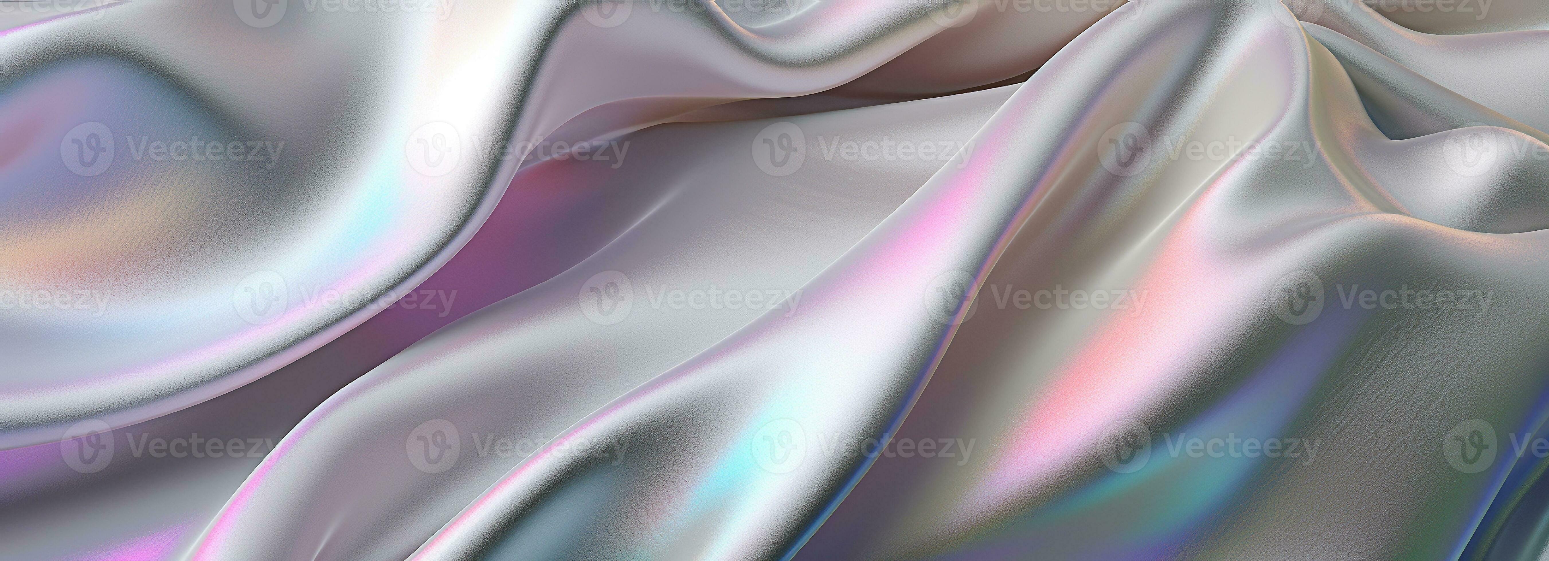 Silk shiny white fabric texture banner in pastel iridescent holographic colors. Abstract texture horizontal copy space background. 3D render