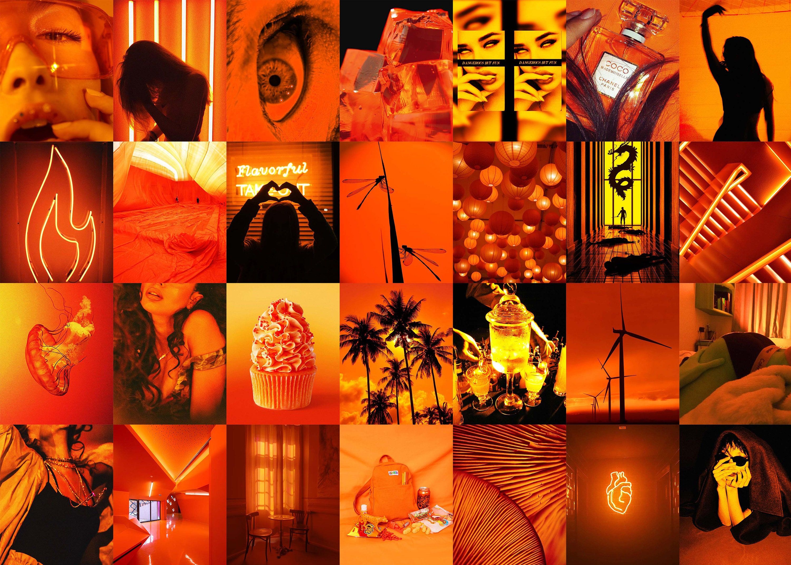 A collage of 30 orange aesthetic pictures. - Neon orange