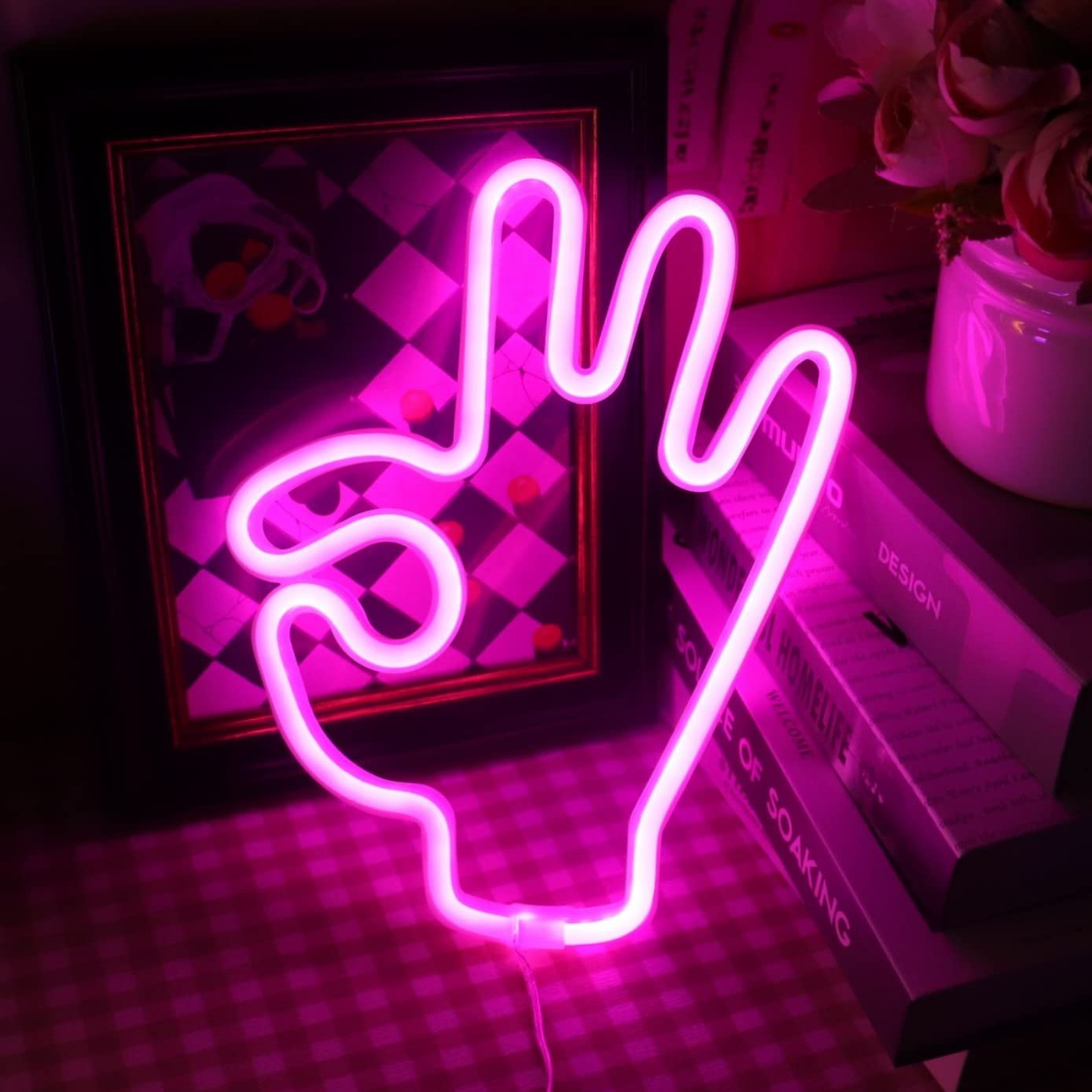 QiaoFei OK Gesture Hand Shape Finger Neon Sign Hanging Decorative Neon Light USB Or Battery Operated For Home Bedroom Bar Restaurant Christmas Birthday Party Gift LED Art Wall Decoration Light Pink