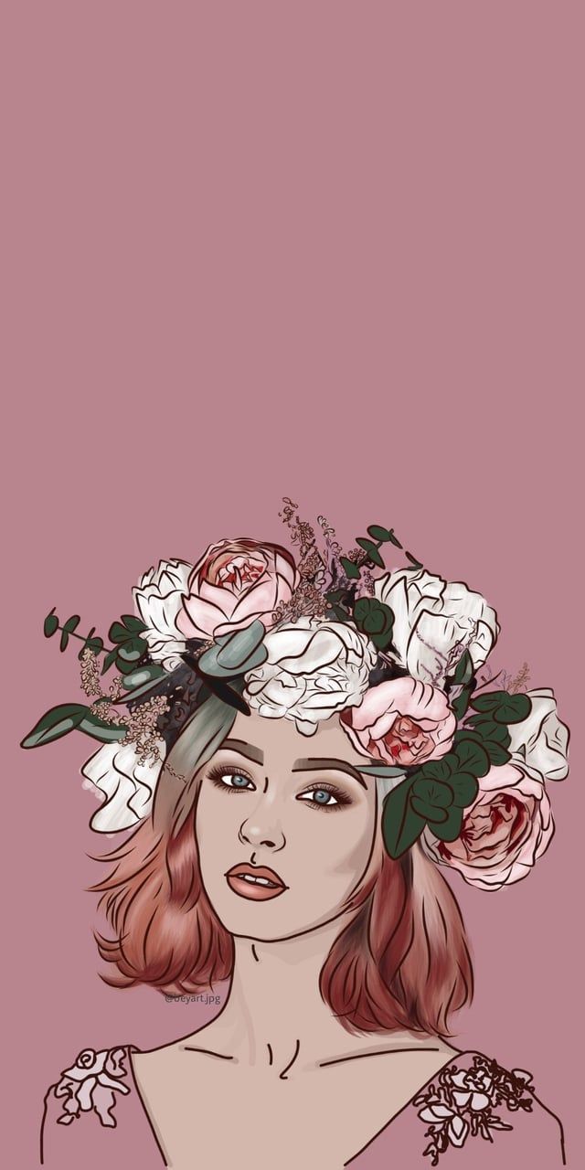 Soft Girl In Aesthetic Flower Crown On Powder Pink. Mobile Wallpaper [1080x2160]. Art By IG : R Pink_Stuff