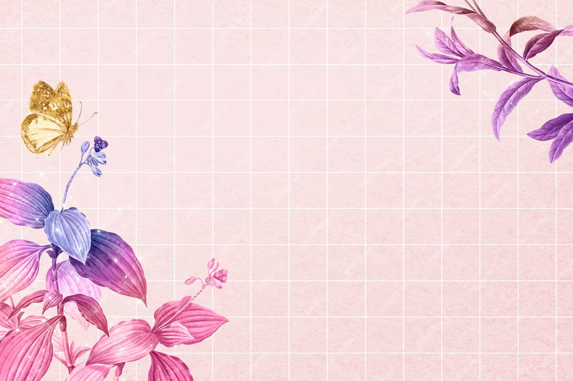 A pink background with a grid pattern and a butterfly and flower design on the left side - Border, botanical, checkered, pink