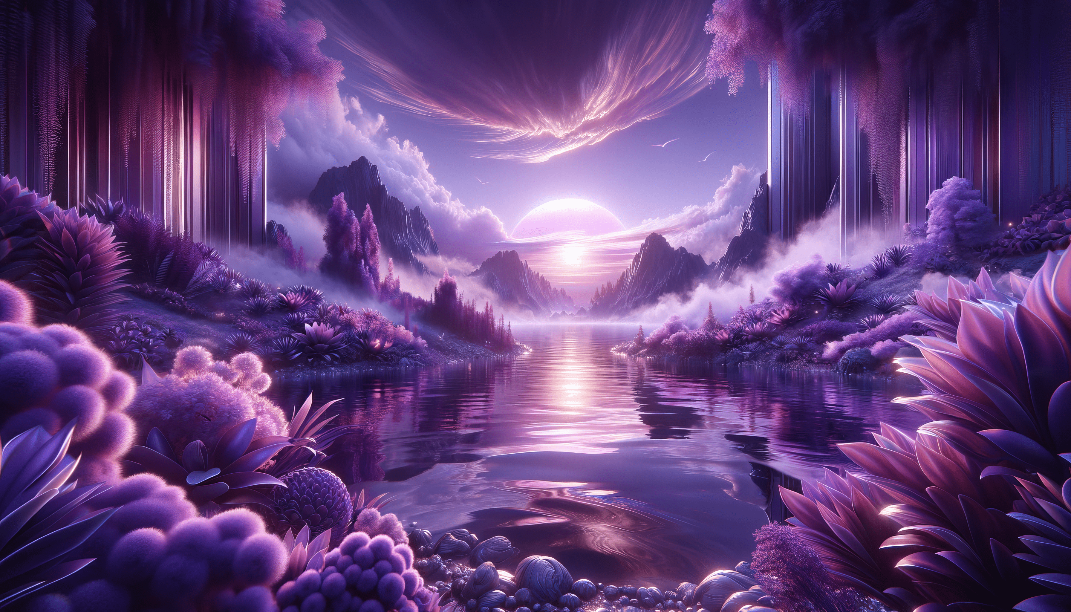A purple and pink sunset over a lake surrounded by mountains - Purple