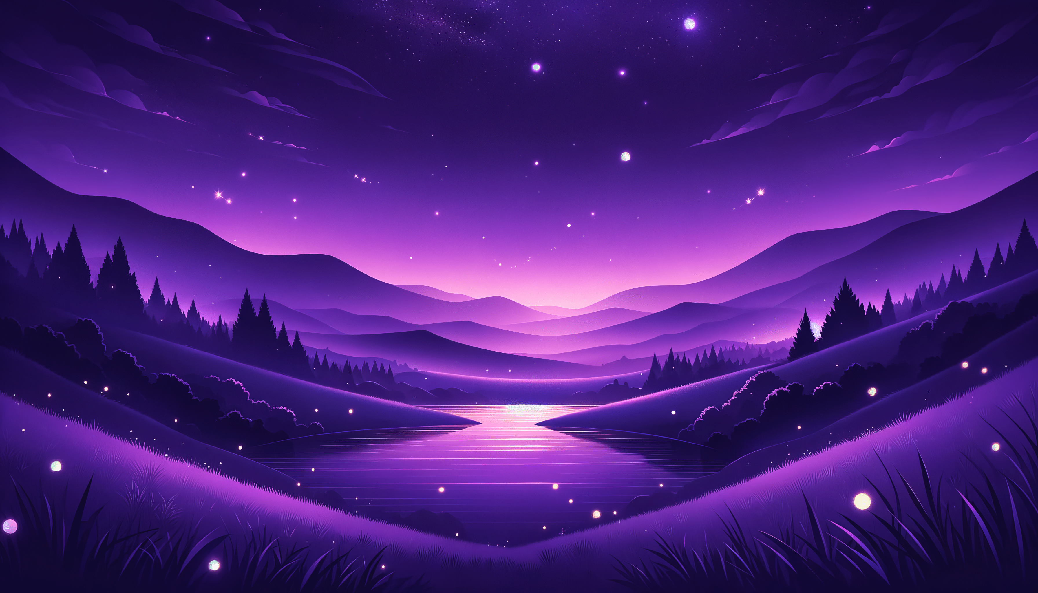 A purple night sky with stars, a river, and mountains - Purple, HD