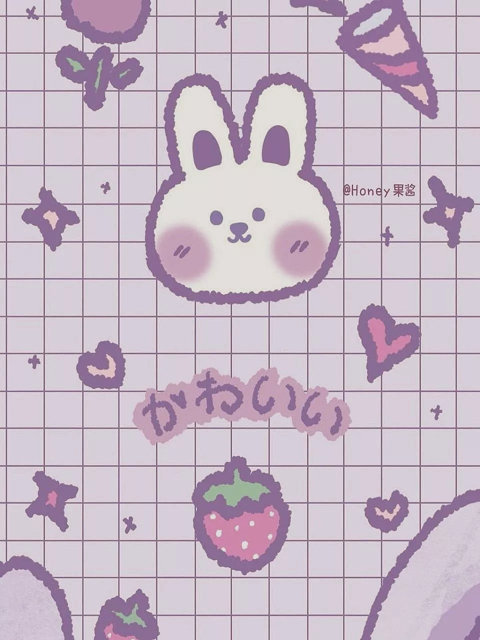 A cute wallpaper with a bunny, hearts, and strawberries. - Purple