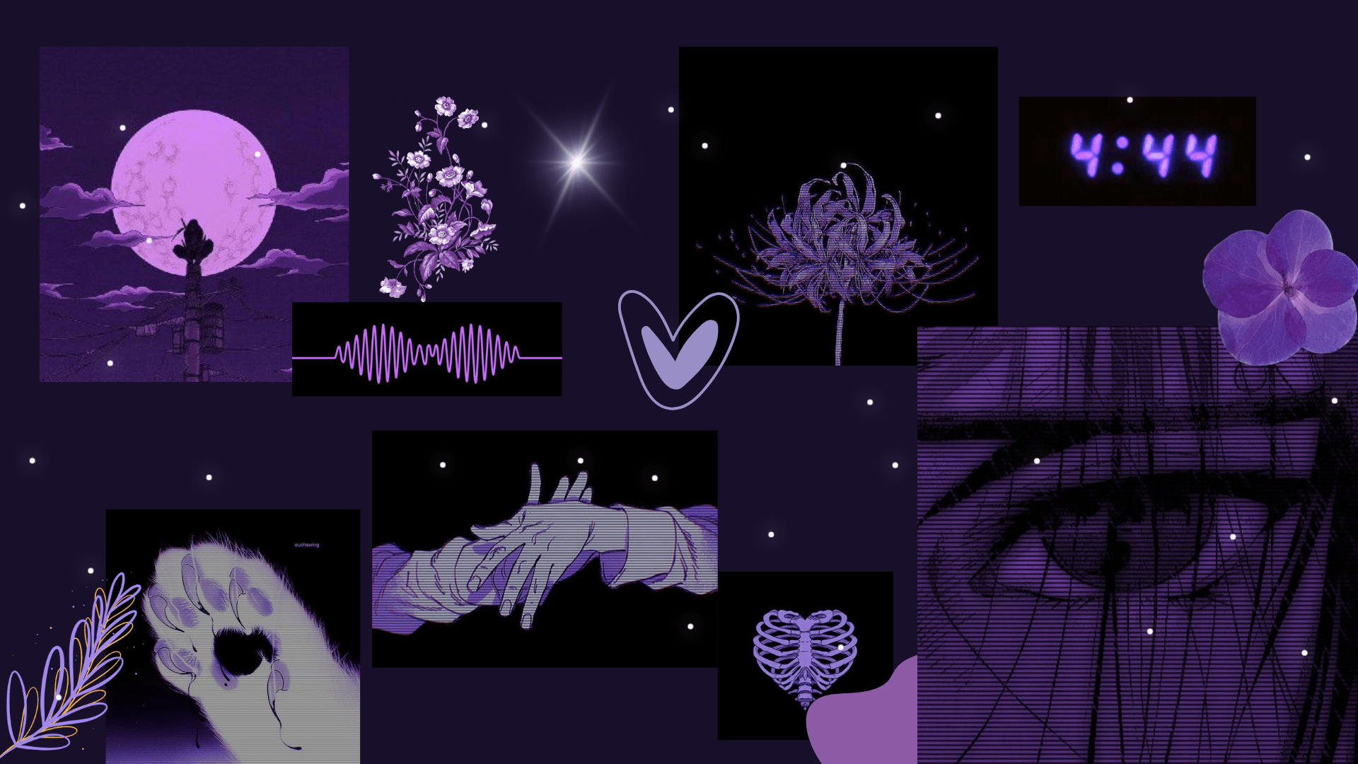 A collage of purple aesthetic images including flowers, hands, and a full moon. - Purple