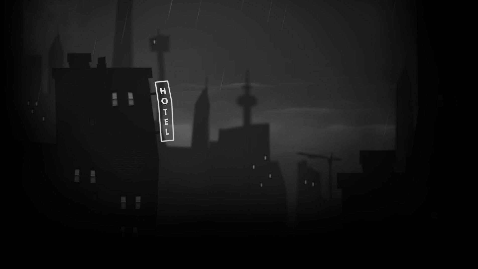A dark city with buildings and streetlights - Black, dark anime, black anime